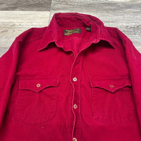 Vintage 1970s Kmart Red Corduroy Shirt Burgundy 70s M Shacket Button Shirt Rare - Picture 2 of 7